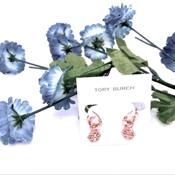 NWOT Tory Burch Octagon Rose Gold Pave Hoop Drop Hoop Earirng - Picture 3 of 7